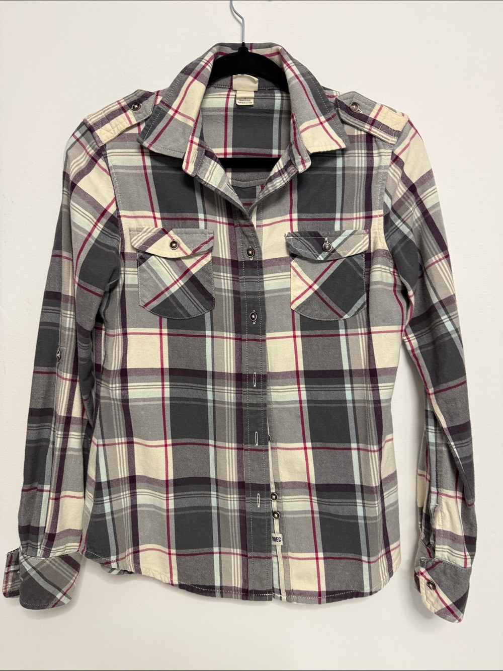 Womens’ Plaid flannel Button-Down Shirt in Grey, Hot pink, baby blue and cream.
